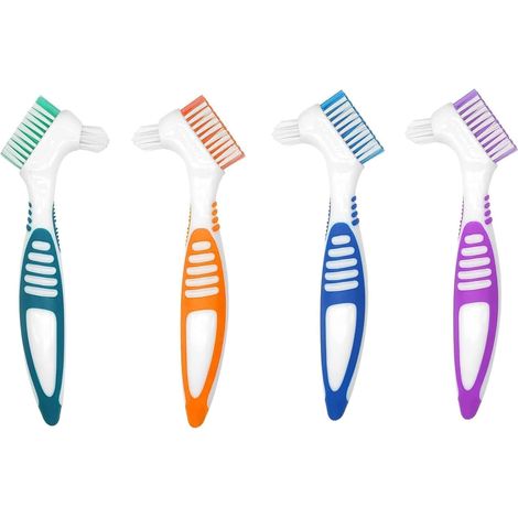 Denture Toothbrush, 4 x Double Angle Brush Heads Ergonomic Denture Cleaning Brush Portable for Denture Cleaning, 4 Colours (1/5)