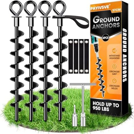 Ancrage au Sol 4 Jeux avec Sangles - Vis Pleine et Large pour Fixation Sûre de Trampoline, Auvent, Balançoire Pack