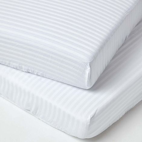 HOMESCAPES White Cotton Stripe Fitted Cot Sheets 330 Thread Count, 2 Pack - White