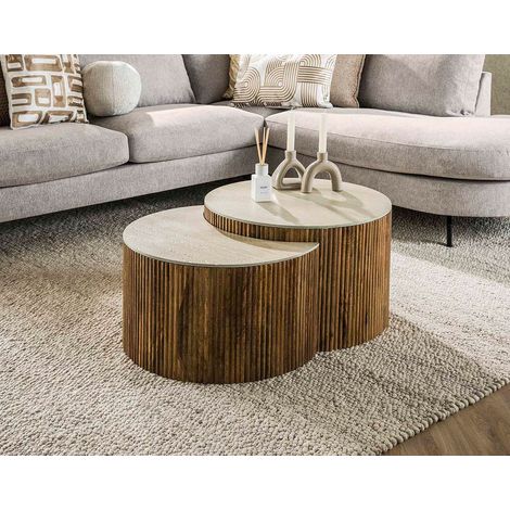 Jade - lot de 2 tables basses gigognes effet travertin - pieds en bois massif de manguier - 60 cm