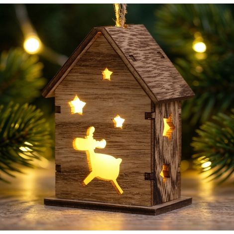 Maisonnette lumineuse en bois brut suspendue, motif renne 6,5 cm, ornement pour sapin de Noël (1/4)