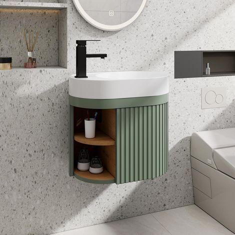 UEV Meuble Lave-Mains Pré-Assemblé, Vasque en Résine, Meuble de Salle de Bain Mural, Rangement Ouvert/Fermé, Motif Lignes, Design Incurvé, Charnières Silencieuses, 50 x 33 x 45 cm, Vert (1/5)