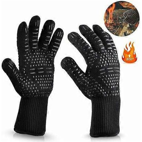 BBQ-handschoenen, ovenhandschoenen, geschikt voor barbecueën tot 800°C, universele hittebestendige handschoenen, kookhandschoenen voor barbecue, keuken en barbecue, unisex, zwart. (1/5)