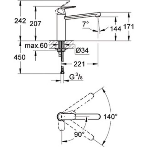 Grohe – Mitigeur de lavabo monocommande Eurosmart Cosmopolitan – Finition chromée – Bec tube pivotant – Hauteur sous bec 140°