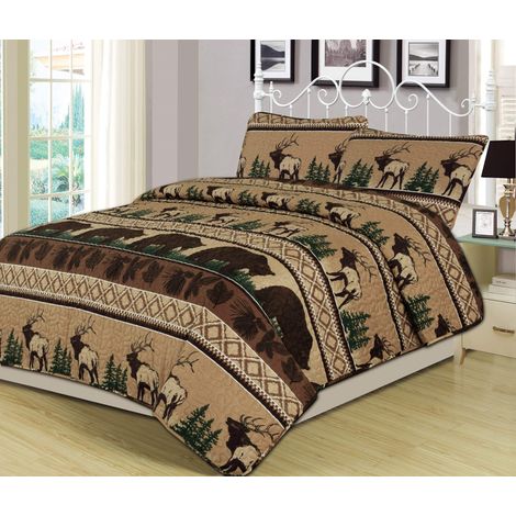 Parure de lit 3 pièces pour très Grand lit, Motif Ours, élan, cabane en rondins Rustique