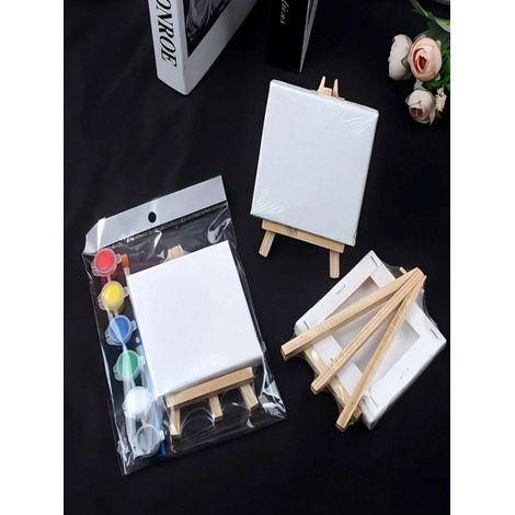 Set de 3 pièces Chevalet, palette et pinceau sur toile tendue 15x15 cm - Peinture 6 couleurs, chevalet en bois, toile préteinte pour peinture acrylique et à l'huile, art DIY (1/5)