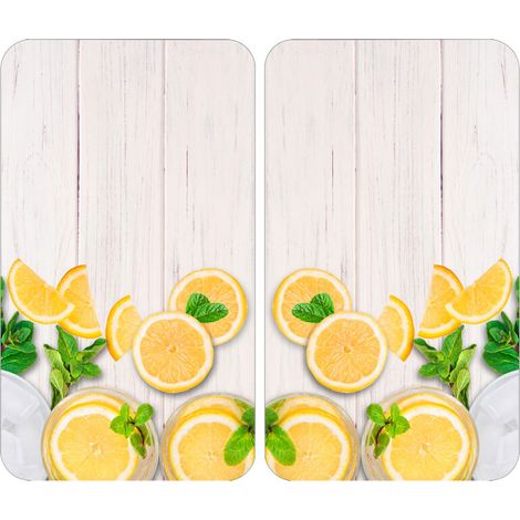 Protège-plaques en verre trempé 52x30cm – Set de 2 avec pieds antidérapants – Résistant aux températures élevées – Motif citron