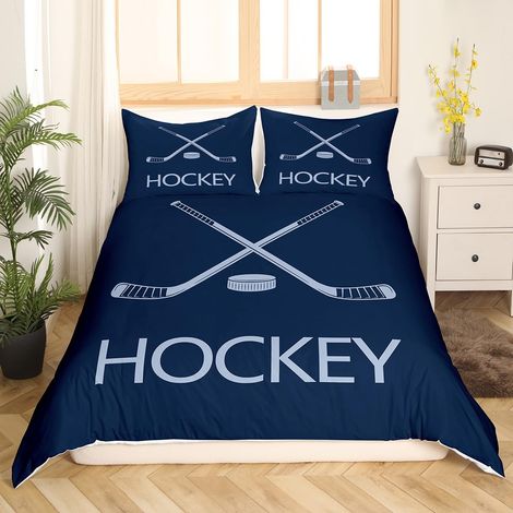 Parure de lit avec housse de couette 135 x 200 cm avec fermeture éclair pour enfants et adultes Motif jeux de hockey sur glace Bleu marine (1/5)