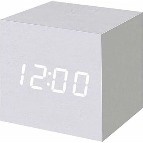 Réveil numérique à LED en Bois, Horloge Cubique Numérique avec Affichage Date et Température, Prise USB / Batterie (Blanc) (1/5)