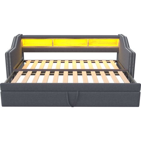 Lit capitonné, canapé-lit extensible 90/180 x 190 cm, coffre de rangement multifonction, éclairage LED et prise USB, avec sommier à lattes, gris foncé (1/5)