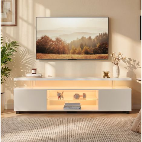 Meuble TV en bois d'ingénierie blanc pour TV jusqu'à 60 pouces, LED multicolore, 3 rangements fermés et 1 niche (1/5)