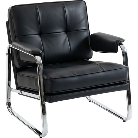 Fauteuil élégant en simili cuir, grande assise confortable, accoudoirs, pieds en acier, noir pour salon et chambre
