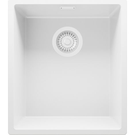 PRIMAGRAN Evier Cuisine en Granit 41x47cm, Lavabo 1 bac + Kit de Vidage, Évier à Encastrer au meuble 45cm - London Slim, Tout Blanc