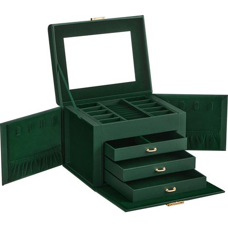 Boîte à Bijoux 4 Niveaux, Écrin à Accessoires, Coffre de Rangement, avec Poignées, 3 Tiroirs, Miroir, Serrure, Rangement pour Bijoux pour Voyages, Moderne, Vert Rétro (1/5)
