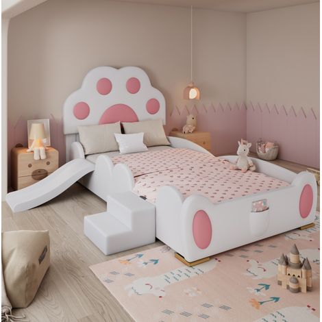 Letto imbottito per bambini 90x200 cm, con scivolo e scala a 2 gradini, in PU rosa e bianco, senza materasso (1/5)