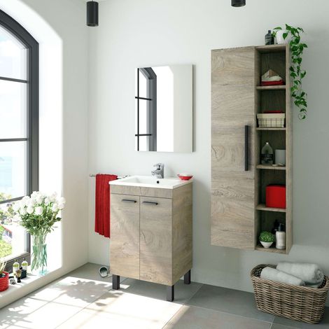 Pack De Baño Aseo Color Roble Alaska Con Mueble, Espejo, Lavabo Y Columna Industrial Lavabo Incluido
