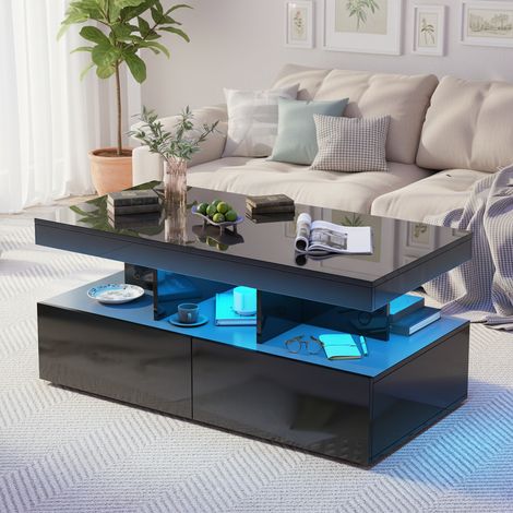 Mesa de centro de alto brillo, 104 x 53 x 46 cm, iluminación ambiental LED inteligente, 2 cajones, compartimentos de almacenaje abiertos - negro (1/5)