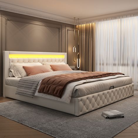 Lit coffre rembourré en PU Blanc 180x200 cm avec tête de lit LED multicolore, lit double avec sommier à lattes et rangement sous le lit (1/5)