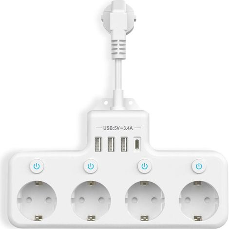 Prises Multiples avec USB, Multiprise 4 Compartiments avec Interrupteur Unique Multiprise avec 3 USB & 1 Type-C (5V 3.4A) pour Cuisine Salon Chambre Bureau (1/5)