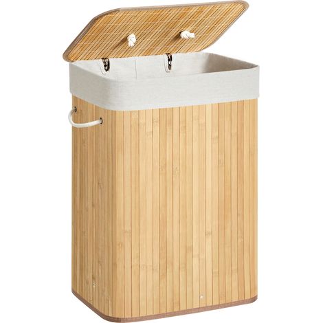 Vasagle – Panier à linge en bambou pliable avec couvercle – Sac amovible lavable – 72L – Dimensions 40 x 30 x 61 cm – 3 poignées – LCB10Y (1/5)