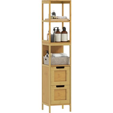 Armario Alto para Baño con 3 Estantes y 2 Cajones de Bambú Estilo Moderno 30x30x144,3 cm Natural