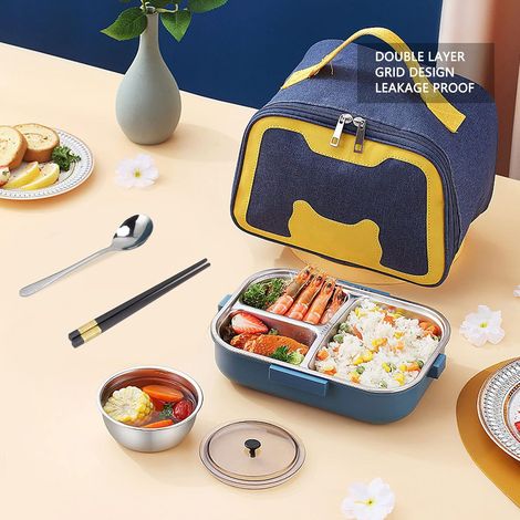 Boîte à lunch Bento, 1100 ml, double compartiment à 3 compartiments, en acier inoxydable 304, isotherme, avec baguettes, cuillère et bol à soupe, idéale pour enfants, étudiants et adultes (bleu et jau (1/4)