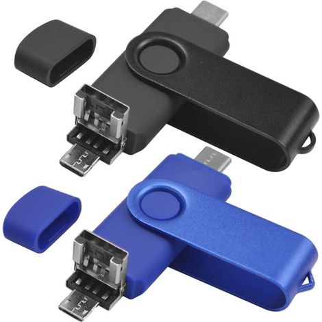 Lot de 2 Clé USB C 64Go  USB 2.0 OTG 3 en 1 Type C USB Micro USB Clef Mémoire Stick 64Gb Flash Drive U Disque pour PC Tablette Android Smartphone（ Bleu Noir）