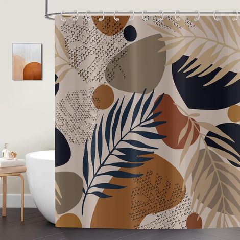 Bohemian Leaves Shower Curtain 180x200 cm, Boho Abstract Art Palm Leaves Brown Washable Bath Shower Curtain Waterproof Fabric Bathroom Shower Curtains with 12 Hooks