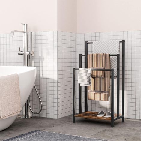 Hoobro – Porte-serviettes sur pieds 3 barres – Étagère de rangement 43 x 28 x 81 cm – Bois marron rustique et métal noir – SKU EBF03LB01 (1/5)