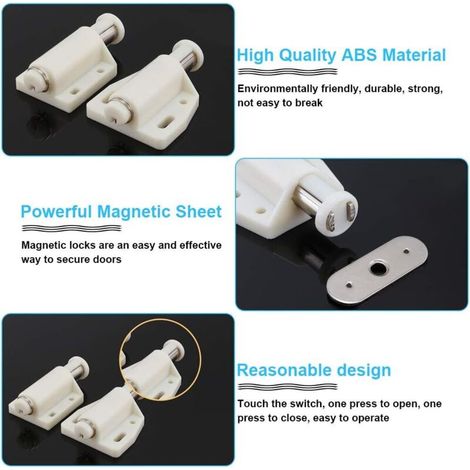 Chiusure magnetiche a scatto in plastica – Confezione da 2, per porte, cassetti e ante scorrevoli, installazione discreta e senza viti.