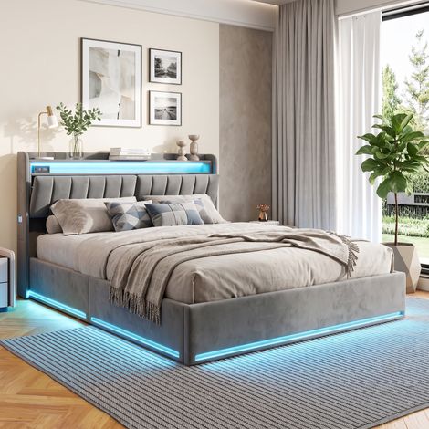 Superaly Lit Coffre Double 160x200 cm, Tête de Lit en Velours avec Rangement Intégré, Rangement mécanisme à gaz, éclairage LED télécommandé, Port USB, Lit Adulte de style Moderne, Gris (1/5)