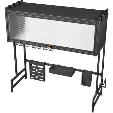 Escurreplatos de 75 x 30 x 78 cm para colocar sobre el fregadero con soporte para cuchillos, utensilios y tabla de cortar (Negro)
