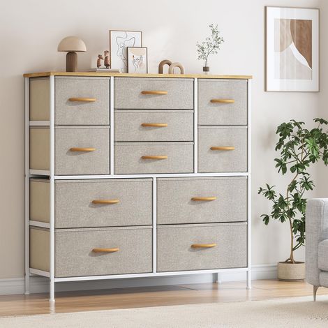 Kommode mit 11 Schubladen, Stoffkommode mit Metallrahmen und MDF-Holzplatte, verstellbare Füße, Kippsicherung, Aufbewahrungsschrank für Schlafzimmer, Wohnzimmer, Kleiderschrank, Khaki (1/5)