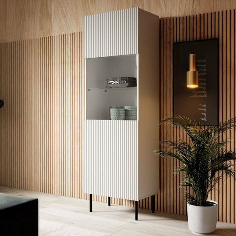 Vitrina Luzzana, vitrina de salón con puerta de cristal y detalle, elevada del suelo, 60 x 42 x 183 cm, color blanco (1/4)