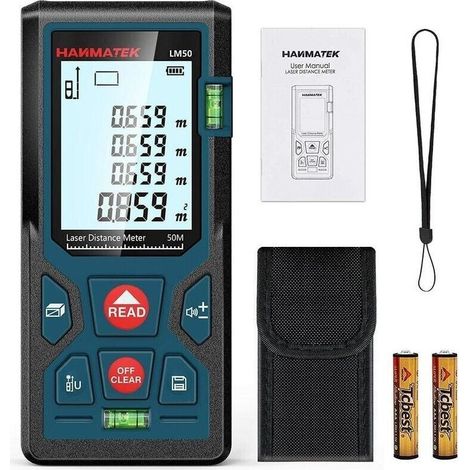 Télémètre laser numérique 50m – Précision ± 1,5 mm – IP54 étanche – Rétroéclairage LCD – Mesures surface, volume, Pythagore (1/4)