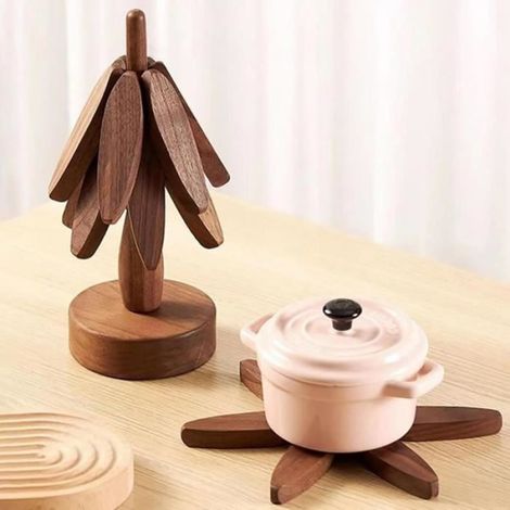 Dessous De Plat en Bois pour Plats Chauds,Tapis Isolant Pliable en Forme d'arbre,Dessous De Plat en Noyer avec 3 sous-Verres (1/4)