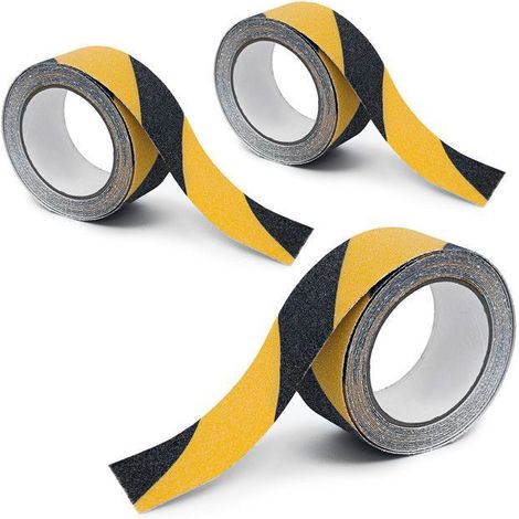 Cinta de 50 mm de ancho, 3 rollos, 15 metros de largo, autoadhesiva para uso interior y exterior, color negro/amarillo. (1/2)