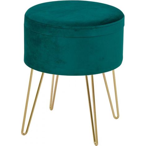 EASYCOMFORT Pouf Contenitore 2 in 1 con Funzione Sgabello e Tavolino, in Legno e Velluto Verde, Metallo con Finitura Oro, 36x36x45cm