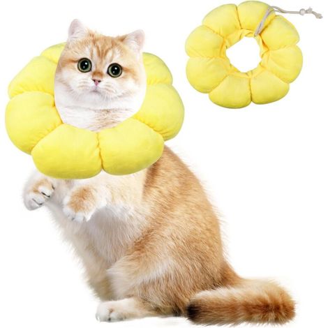 Collerette Chat en Coton Suédé Respirant, Collier de Protection Chat Tournesol, Collerettes pour Chats, Tour de Cou Doux, pour Chatons Petits Anti Lechage Après Chirurgie, Ajustable14-22cm(M) (1/5)