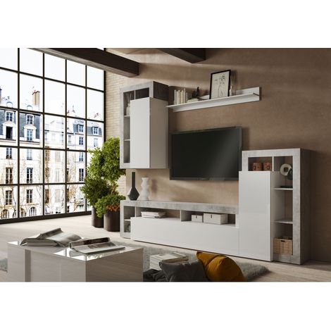 Conjunto de muebles para sala de estar, colección BURA, longitud 280cm. Colores hormigón y blanco lacado brillante.