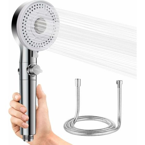 Shower Head and Hose - 5 Spray Modes High Pressure Shower Feet, Electric Shower Track with One CPC Water Stop Button, ADPT Kids Backup Shower Head