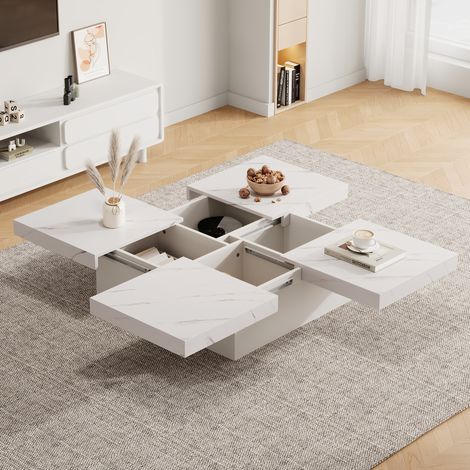 Table basse carrée blanche en panneau de particules, effet marbre, 90 x 90 cm, 4 tiroirs, plateau coulissant (1/5)
