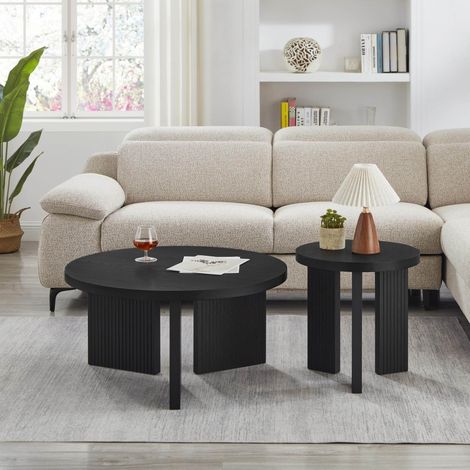 Set de 2 tables basses rondes à structure rainurée pour salon, design gain de place, MDF - noir (1/5)