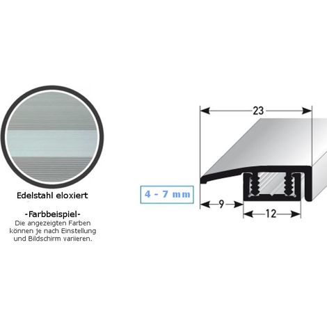 Abschlussprofil / Abschlussleiste für Vinyl / Laminat / Parkett "Scranton", für Höhe 4 - 7 mm, 23 mm breit, 2-teilig, Aluminium eloxiert, gebohrt-Edelstahloptik-900
