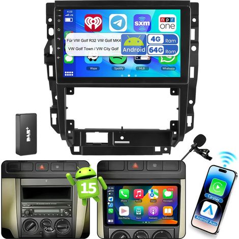 Autoradio Android 15 pouces avec Apple CarPlay, RDS, GPS et Wi-Fi pour VW Bora Golf 4 MK4 1J1 1J2 - 4+64G MIC DAB+
