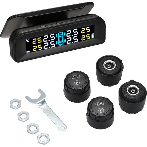 Sistema de monitoreo de presión de neumáticos inalámbrico en tiempo real con energía solar y pantalla LCD. 4 sensores externos. Función de alarma. (1/5)