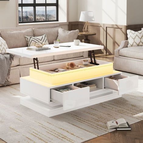 Table basse 100x50x40, blanc brillant table basse salon, plateau relevable, 2 tiroirs, rangement intégré, LED intégrées (1/5)