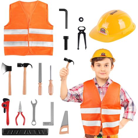 Disfraz de obrero de la construcción para niños, juego de herramientas de juguete, disfraz de obrero de la construcción para niños y niñas, a partir de 3 años, perfecto para Halloween, Carnaval y Navi
