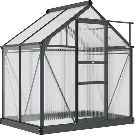 6 x 4ft Polycarbonate Greenhouse, Large Walk-In Green House with Slide Door Window, Garden Plants Grow House with Aluminium Frame Foundation, Grey (1/5)