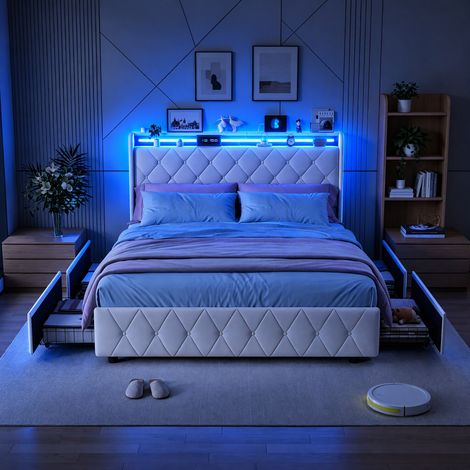 JOOKGBD-Polsterbett 160x200cm mit LED-Beleuchtung und Stauraum,Jugendbett mit USB-Ladefunktion & schubladen,Bett mit Lattenrost und Gepolstertes Kopfteil,Samt,ohne Matratze,Beige